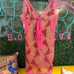 Free People Cherry Juice Boho Mesh Slip‎ Dress Hot Pink & Red Lace Chemise S NWT